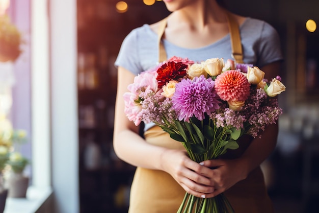 Bouquet of flowers and suculents in the hands of a women