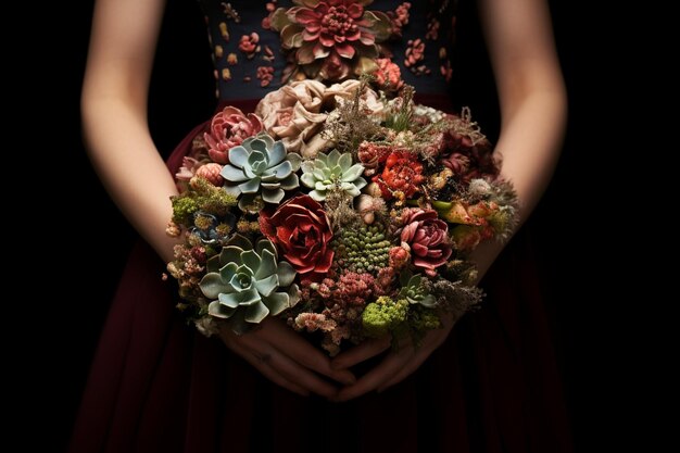 Bouquet of flowers and suculents in the hands of a women