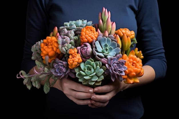 Photo bouquet of flowers and suculents in the hands of a women