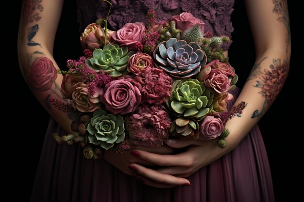 Bouquet of flowers and suculents in the hands of a women