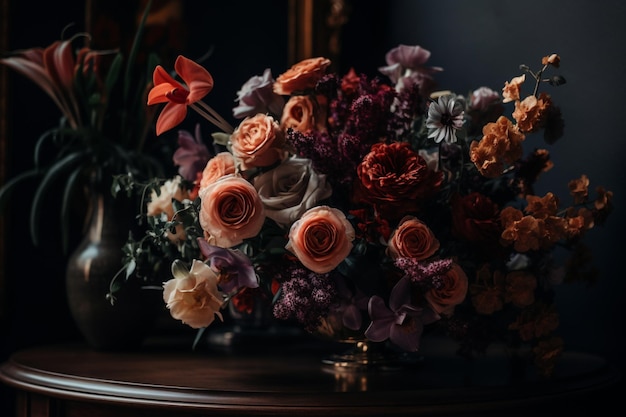 A bouquet of flowers on a table in a dark room