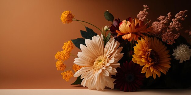 Premium Photo | A bouquet of flowers on a table with a brown background.