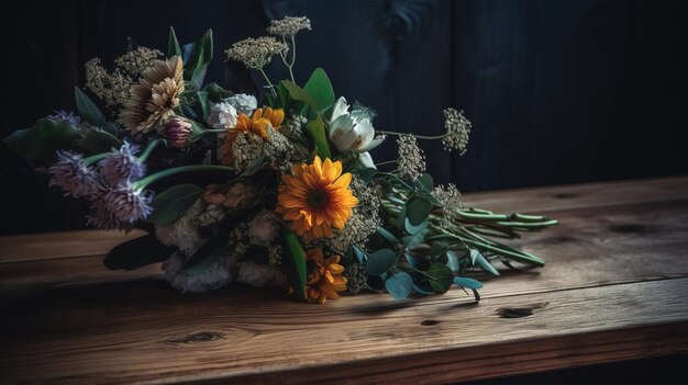 Premium Photo | A bouquet of flowers on a table with a dark background
