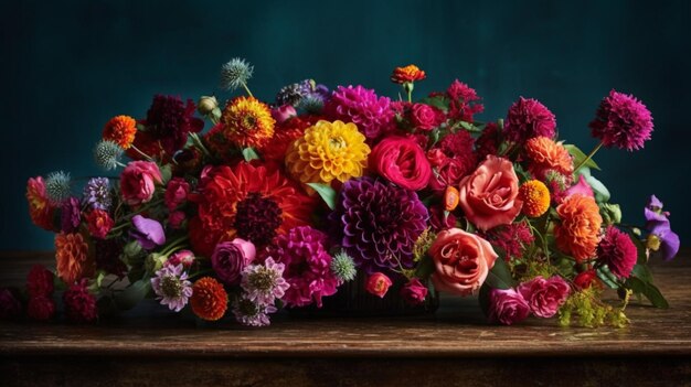 A bouquet of flowers on a table with a dark background.