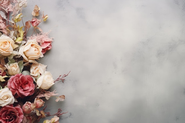 a bouquet of flowers on a table with a white background.