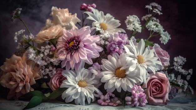 A bouquet of flowers on a table