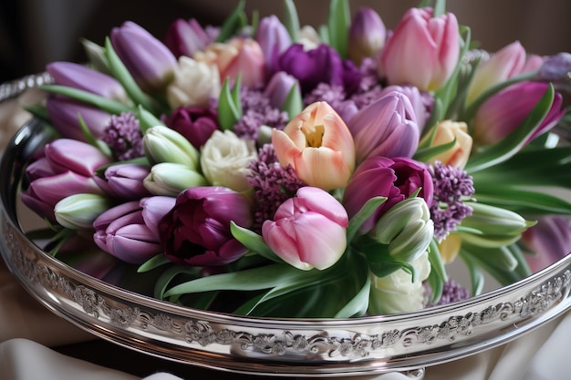 a bouquet of flowers that are now sitting in a bowl