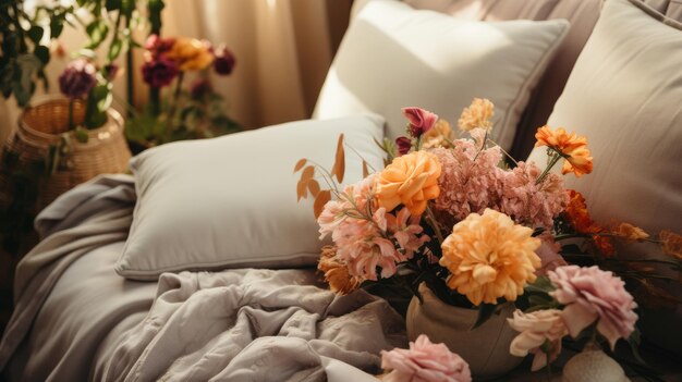 Photo bouquet of flowers on top of a bed