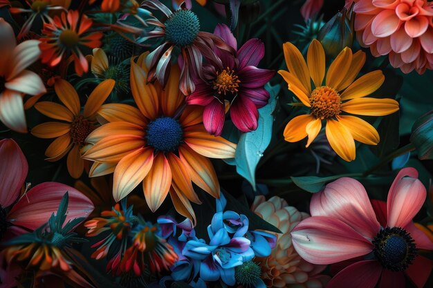 Букет цветов на различных стадиях цветения, сгенерированный ИИ