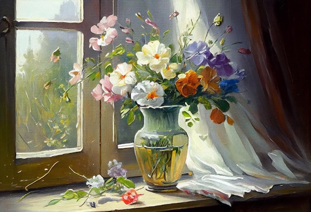 花瓶に花の花束 春の花を描く静物画 窓辺の花瓶