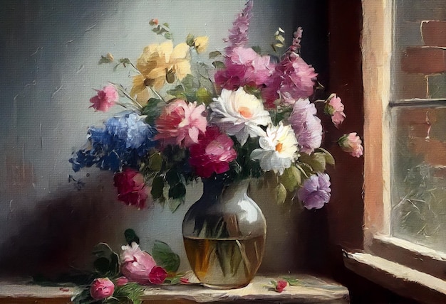 Bouquet of flowers in a vase still life painting flowers of spring vase of flowers by the window