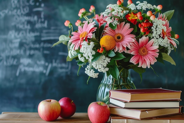 교사 책상 위에 있는 꽃병에 꽃줄이 있고, 책 위에 사과가 있다.