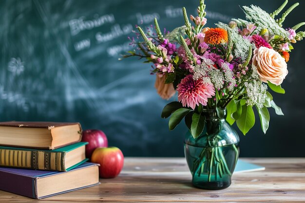 a bouquet of flowers in a vase on the teachers desk with books apples on the background of the chalkboard