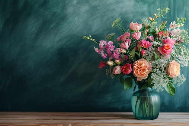 a bouquet of flowers in a vase on the teachers desk with books apples on the background of the chalkboard