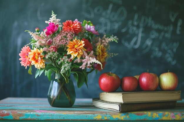 Photo a bouquet of flowers in a vase on the teachers desk with books apples on the background of the chalkboard