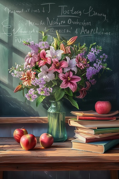 a bouquet of flowers in a vase on the teachers desk with books apples on the background of the chalkboard