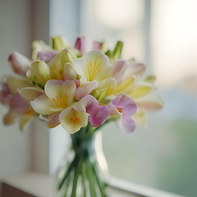 川の景色のある花瓶の中の花束