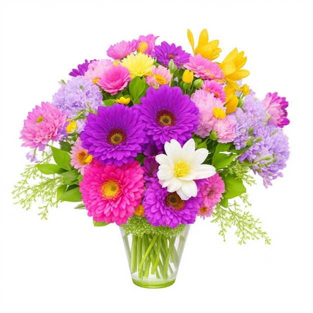 A bouquet of flowers in a vase with a white background.