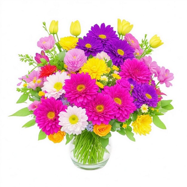 A bouquet of flowers in a vase with a white background.