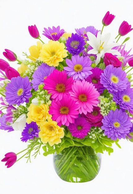 A bouquet of flowers in a vase with the words spring on the bottom