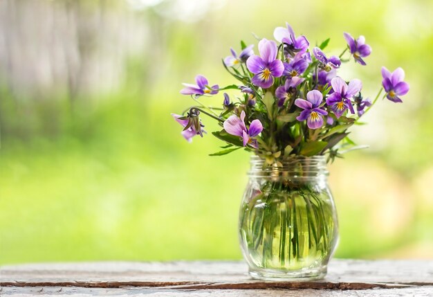 Bouquet of flowers in a vase on a wooden board outdoors on a green background