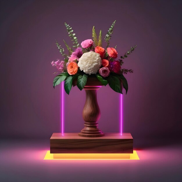 A bouquet of flowers in a vase wooden pedestal stage glowing with neon lights