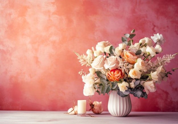 Bouquet of flowers in a vase on a wooden table