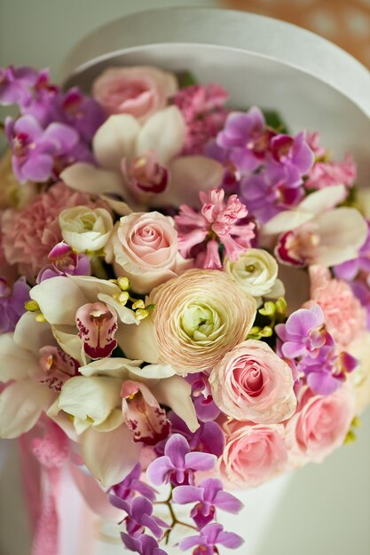 Bouquet of flowers in a white box Bouquet of delicate flowers Very beautiful flowers