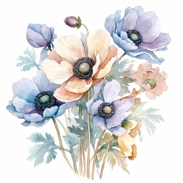 A bouquet of flowers with anemones on the stem.