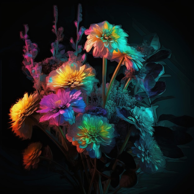 A bouquet of flowers with a blue and orange light on it