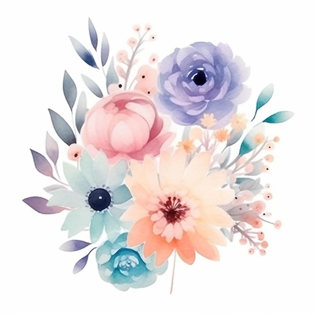 A bouquet of flowers with a blue and pink background