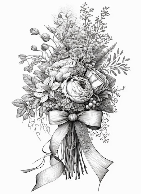 A bouquet of flowers with a bow on it.