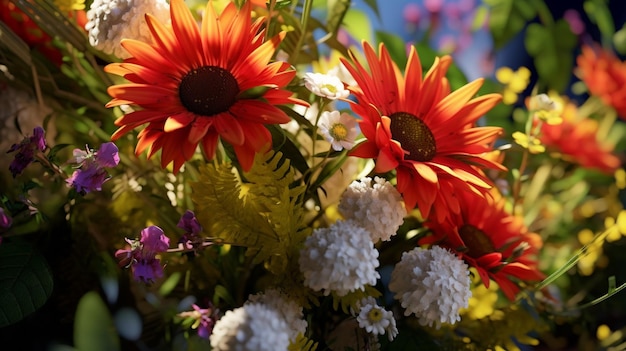 A bouquet of flowers with a bright orange flower in the center