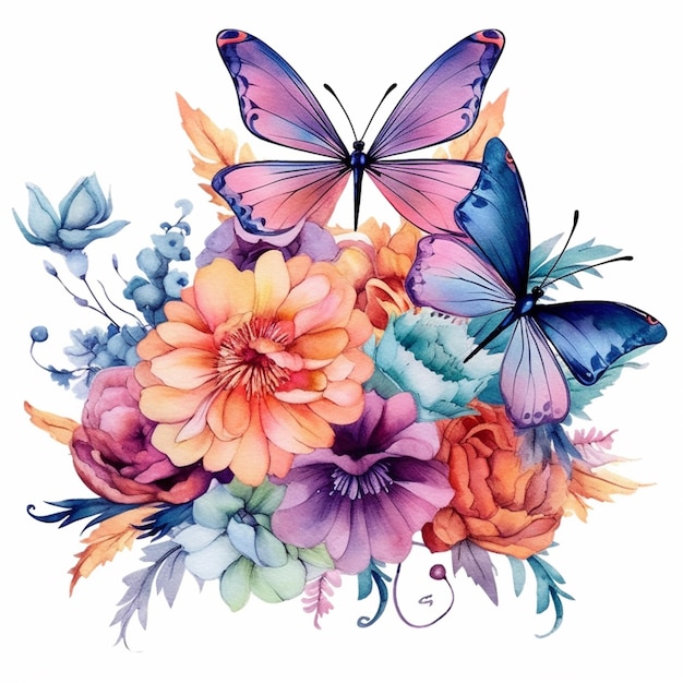 A bouquet of flowers with butterflies and flowers.