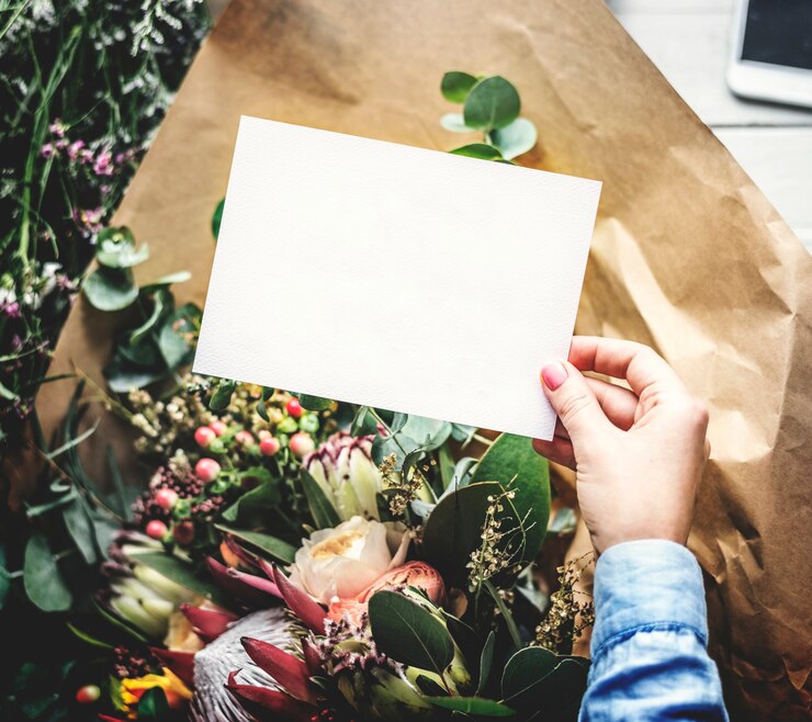 Photo bouquet of flowers with a card