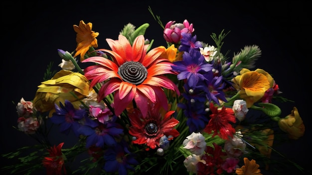 A bouquet of flowers with a flower in the middle