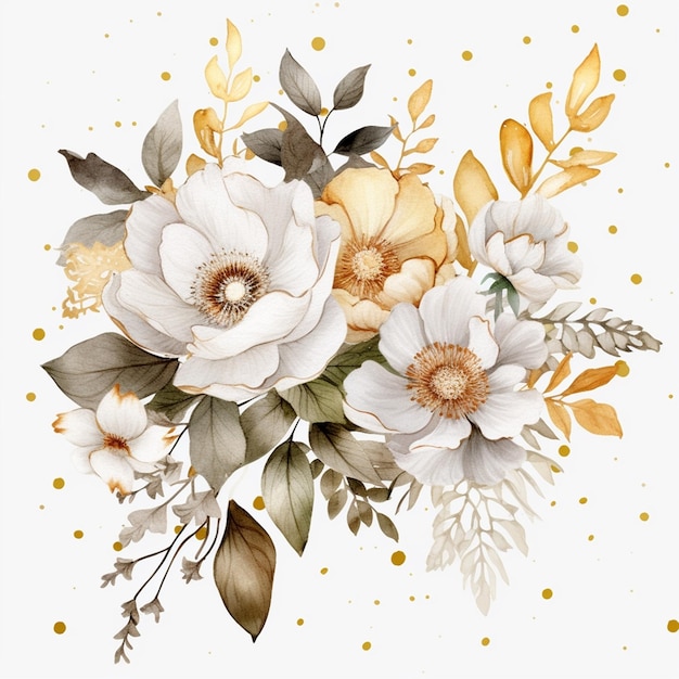 A bouquet of flowers with gold leaves on a white background.