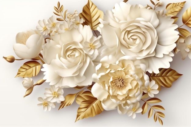 A bouquet of flowers with gold leaves and white flowers.