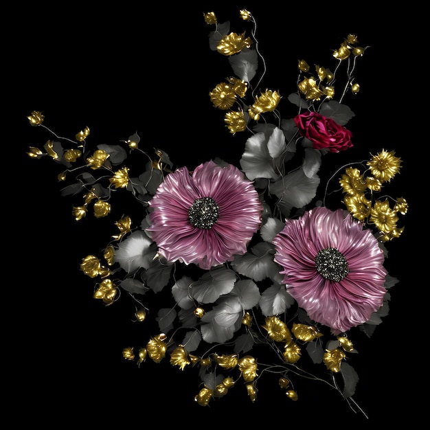 A bouquet of flowers with gold and red leaves and a red one on a black background.