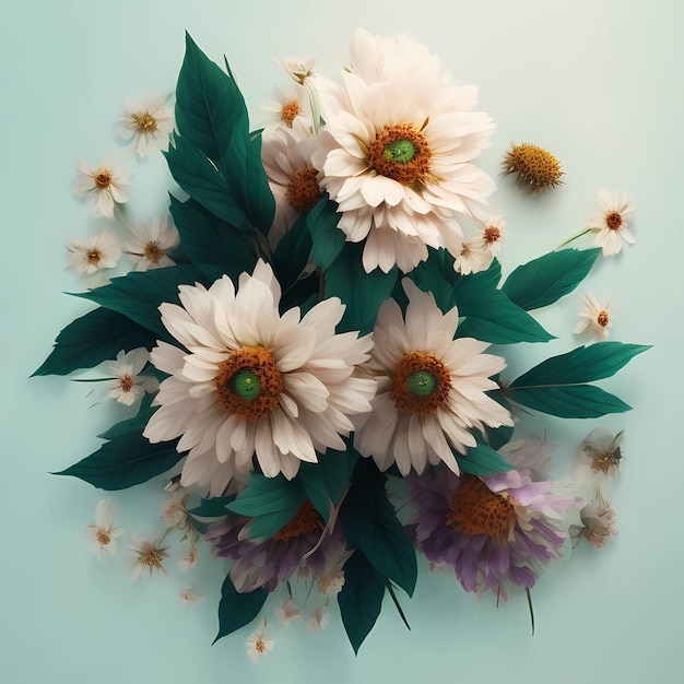 A bouquet of flowers with green leaves and white flowers.