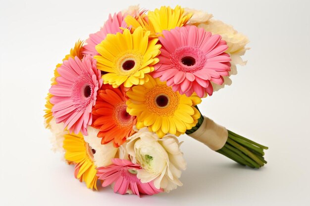 A bouquet of flowers with a green stem and a brown band.