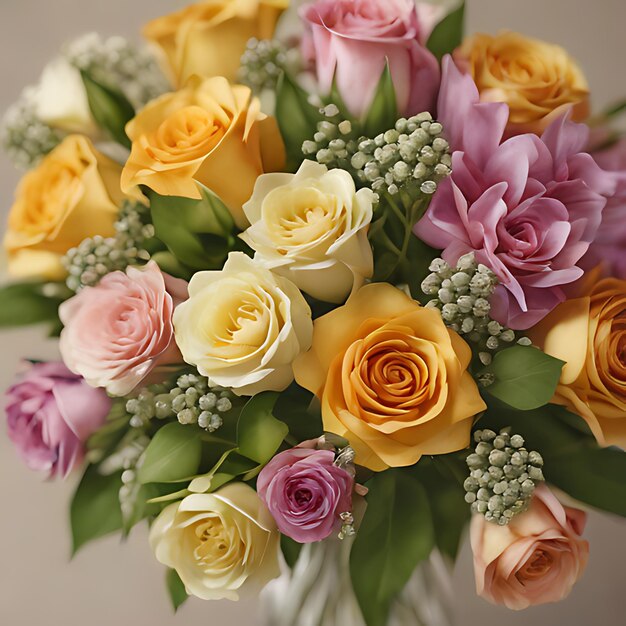 букет цветов с зеленым стеблем и розовыми и желтыми цветами