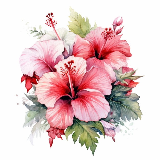 A bouquet of flowers with hibiscus flowers.