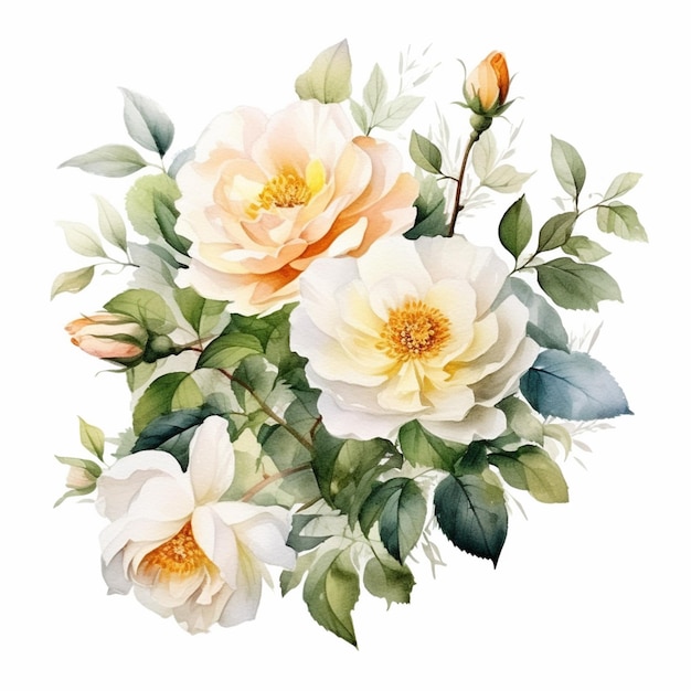 A bouquet of flowers with leaves and flowers in white and orange.