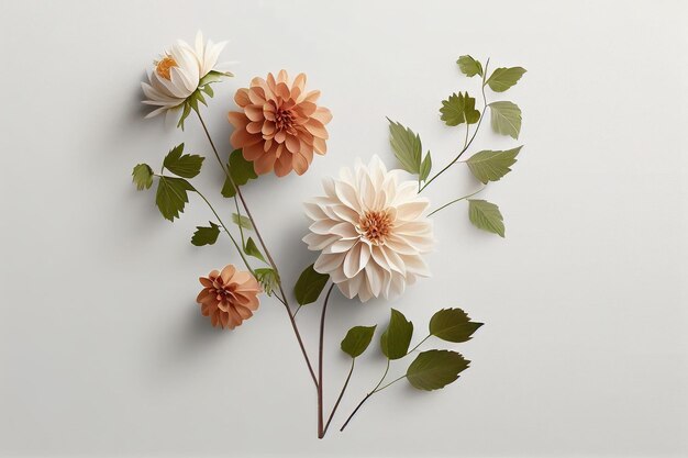 A bouquet of flowers with leaves on a white background