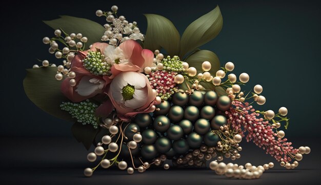 A bouquet of flowers with a pearl necklace