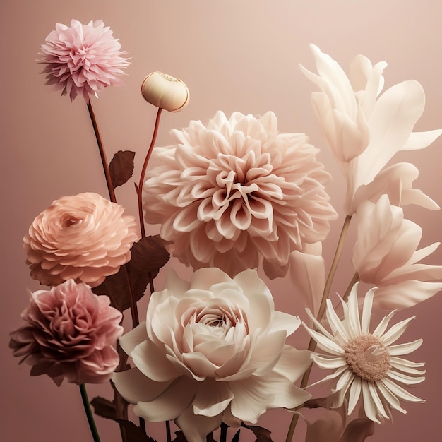 A bouquet of flowers with a pink background and a white flower