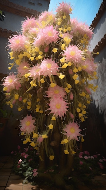 ピンクの背景と黄色の花の花束。