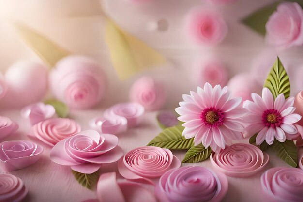 A bouquet of flowers with a pink flower in the background.