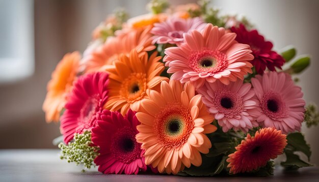 a bouquet of flowers with a pink flower in the middle